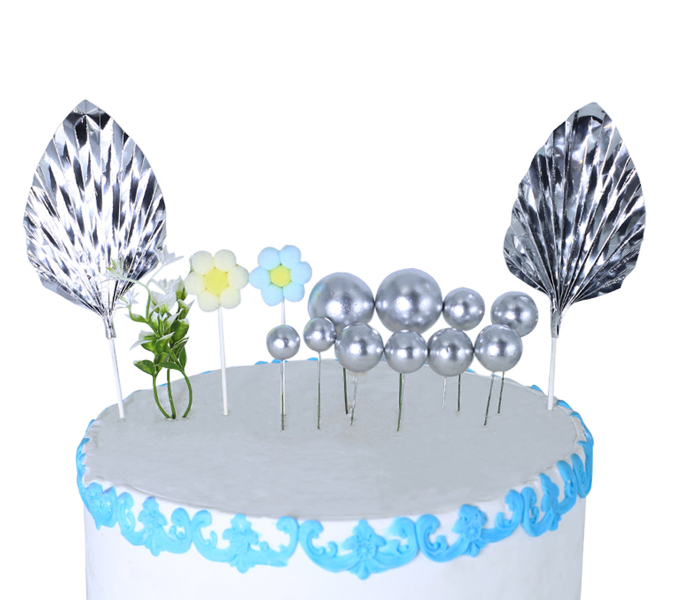 Silver Faux Ball Topper With Palm Leave, And Flower 14Pcs Set