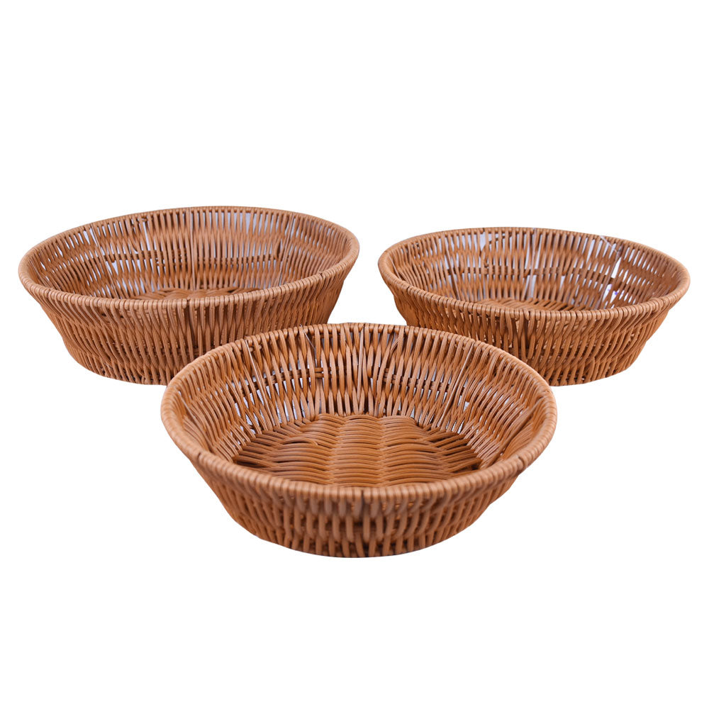 Plastic Woven Round Shape Basket Brown 3Pcs Set