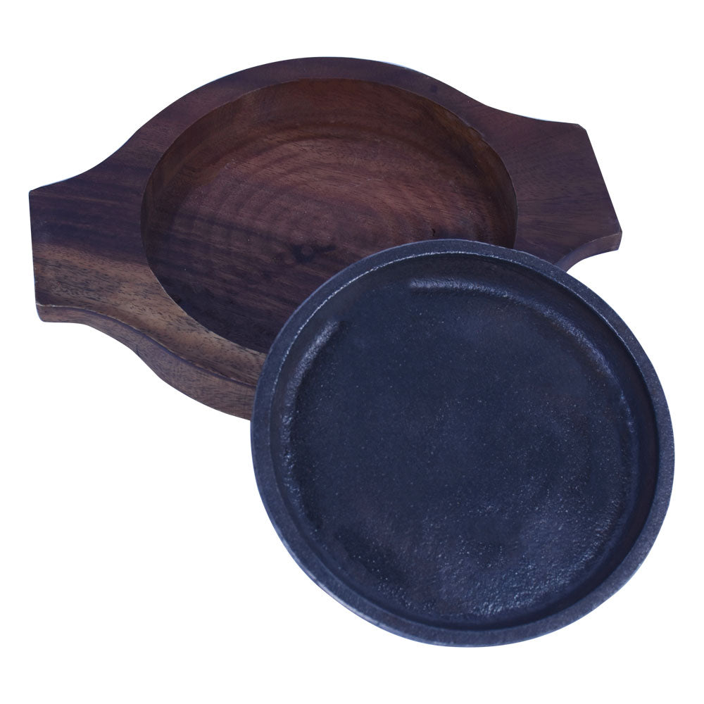 Round Cast Iron Sizzler Plate 14.5cm With Wooden Base