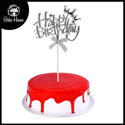 Happy Birthday Cake Topper Silver With Ribbon, Crown And Star Design