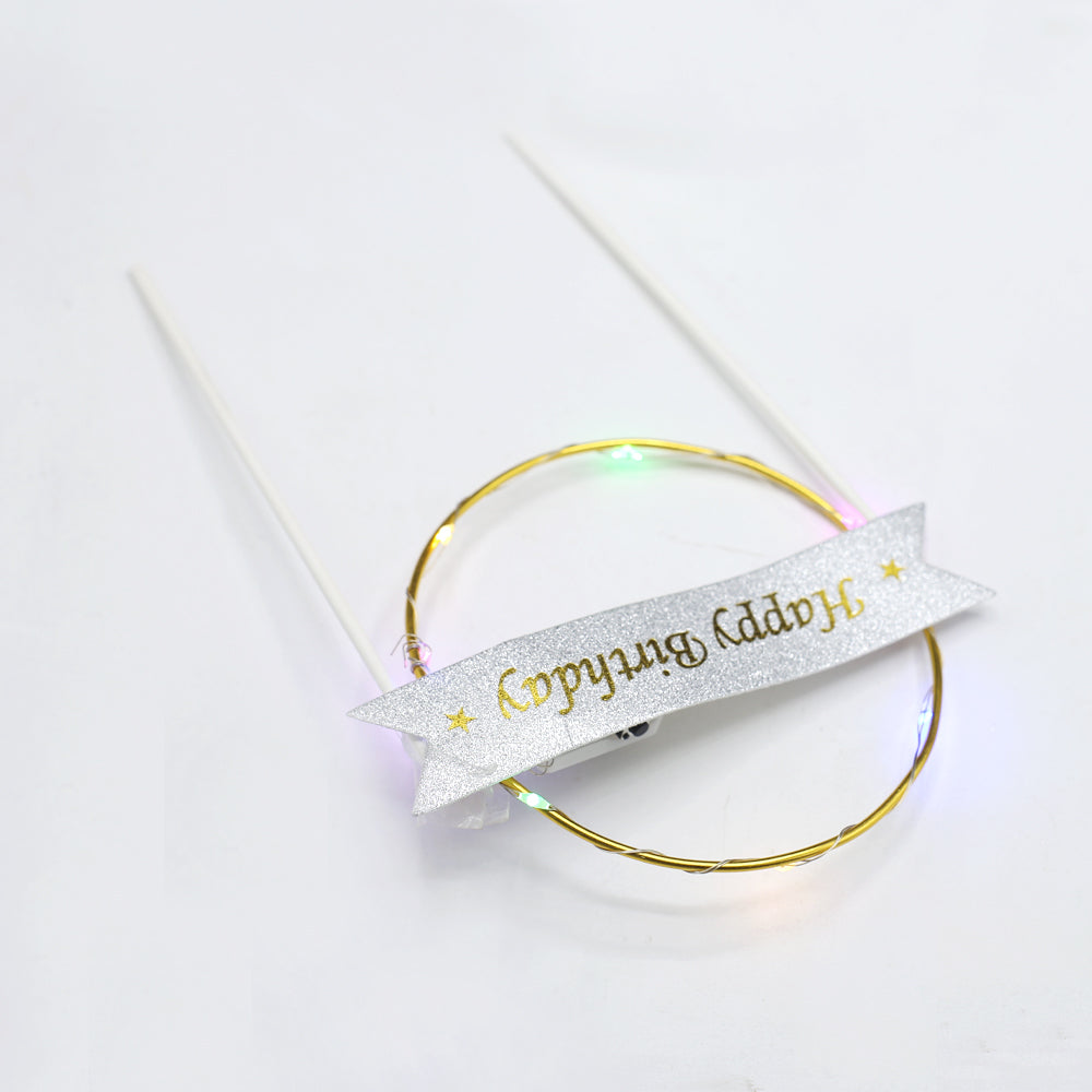 Happy Birthday Round Cake Topper Golden With Lights