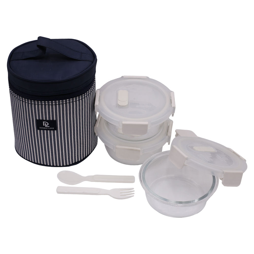 DL 3Pcs Glass Lunch Box With Round Blue Lining Bag