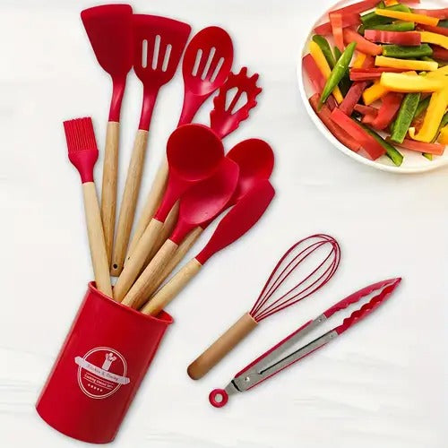 12-Piece Silicone Cooking Utensil Set With Wooden Handle And Holder (Red).