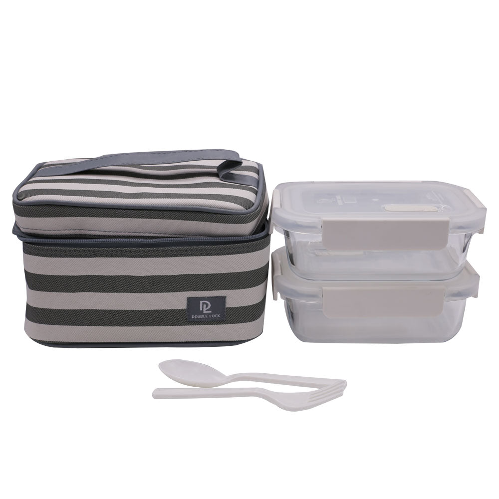 DL 2Pcs Glass Lunch Box With Grey lining Rectangle Bag