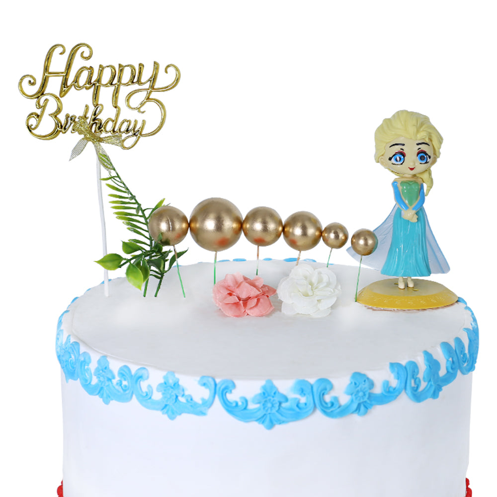 Happy Birthday Cake Topper Golden With Faux Ball, Leave, Flower, And Blue Doll 12pcs Set