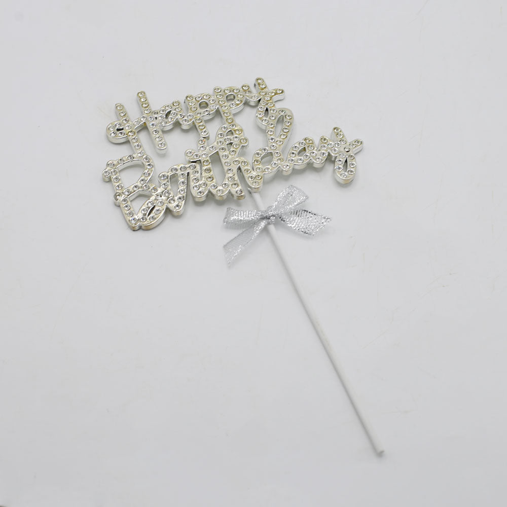 Happy Birthday Cake Topper Silver With Ribbon And Silver Nugs