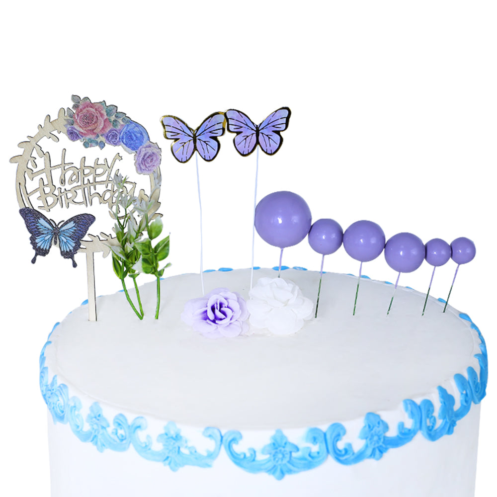 Happy Birthday Cake Topper With Faux Ball, Butterfly, And Flower 12Pcs Set (Purple)