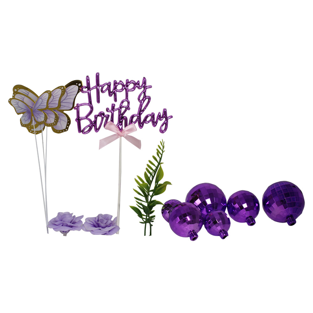 Happy Birthday Purple Cake Topper With Vintage Ball, Flower, Leave And Butterfly 12Pcs Set