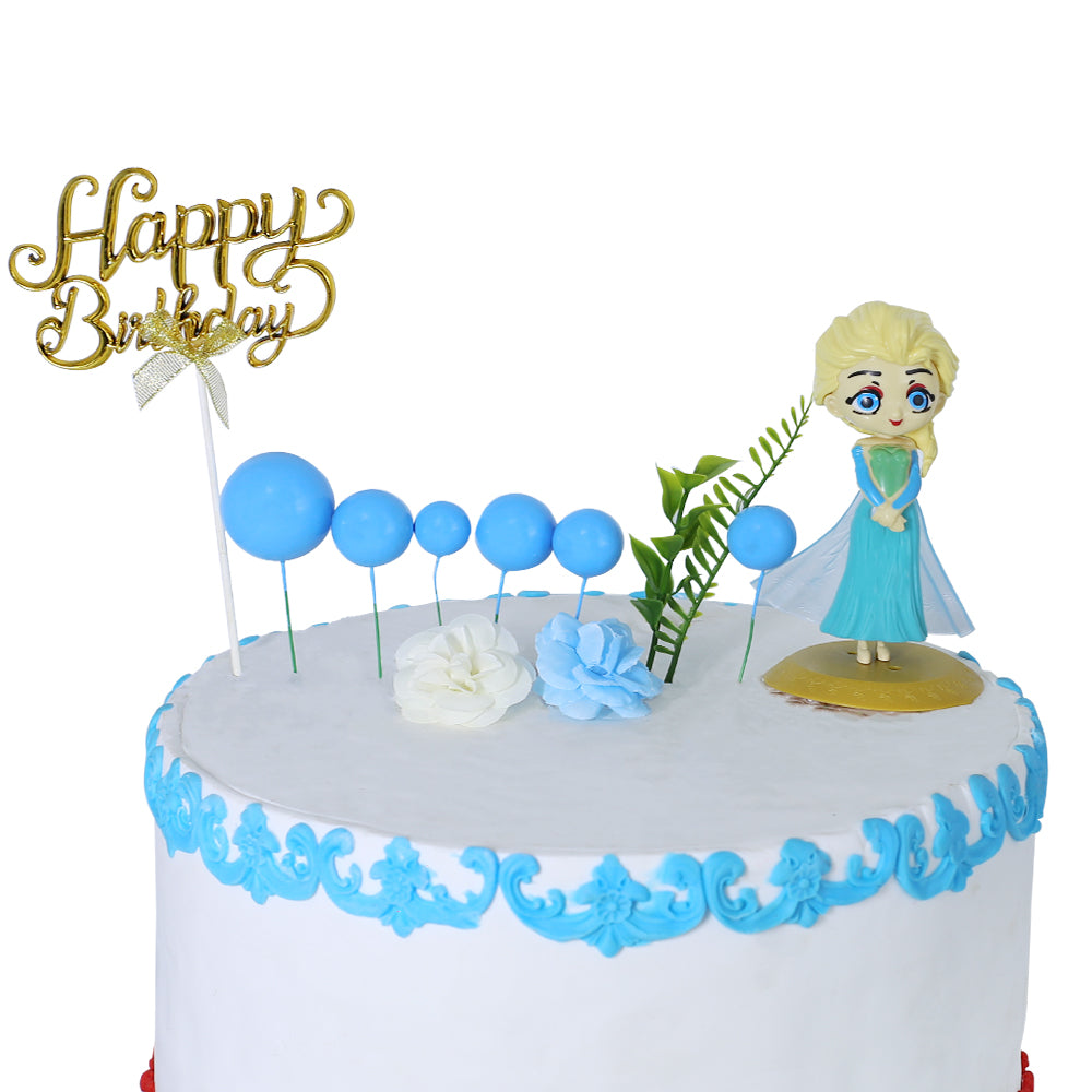 Happy Birthday Cake Topper Golden With Faux Ball, Leave, Flower, And Blue Doll 12Pcs Set