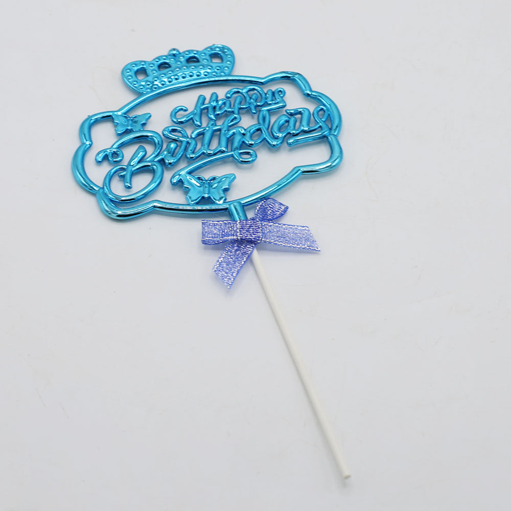 Happy Birthday Cake Topper Blue With Ribbon,Butterfly And Crown Design