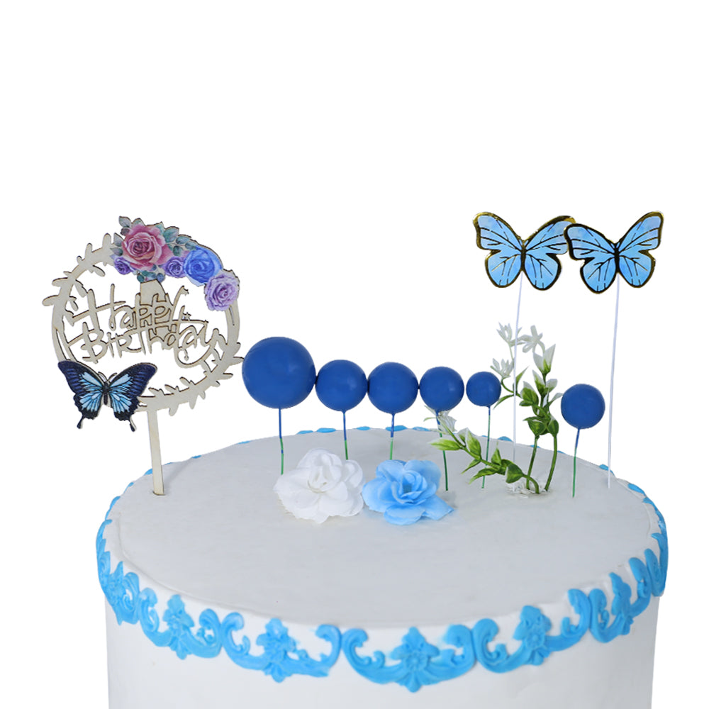 Happy Birthday Cake Topper With Faux Ball, Butterfly, And Flower 12Pcs Set (Blue)