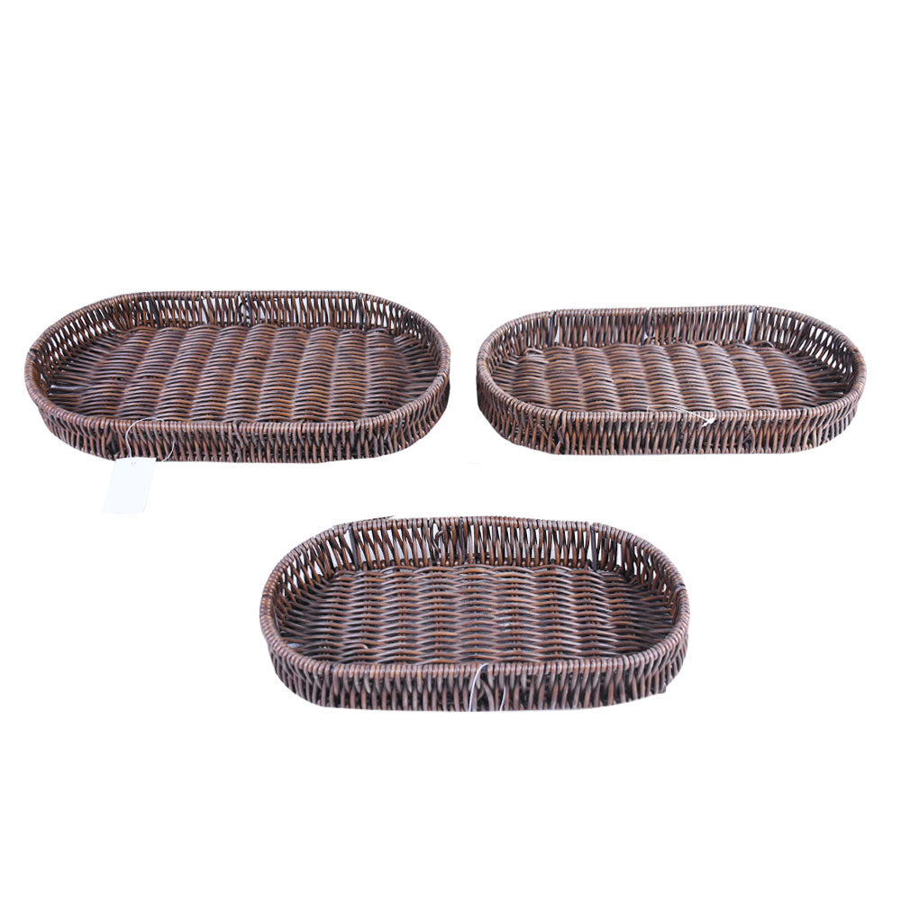 Plastic Woven Oval Shape Flat Tray Dark Brown 3Pcs Set