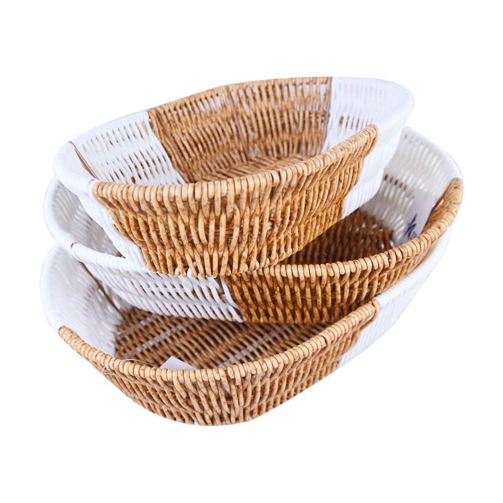 Plastic Woven Oval Shape Basket Brown & White 3Pcs Set