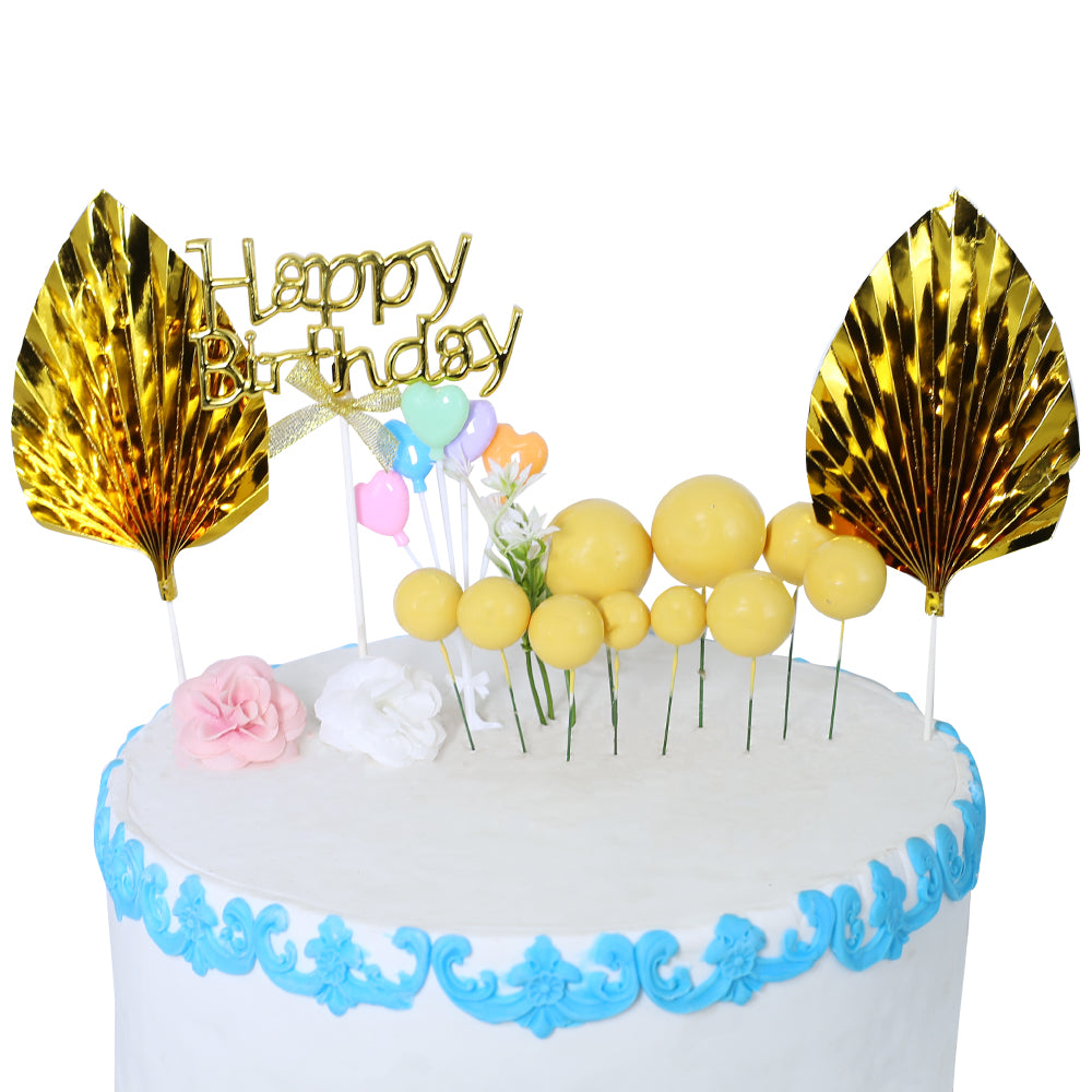 Happy Birthday Cake Topper Golden With Palm Leave Heart, Faux Ball And Flower 17Pcs Set
