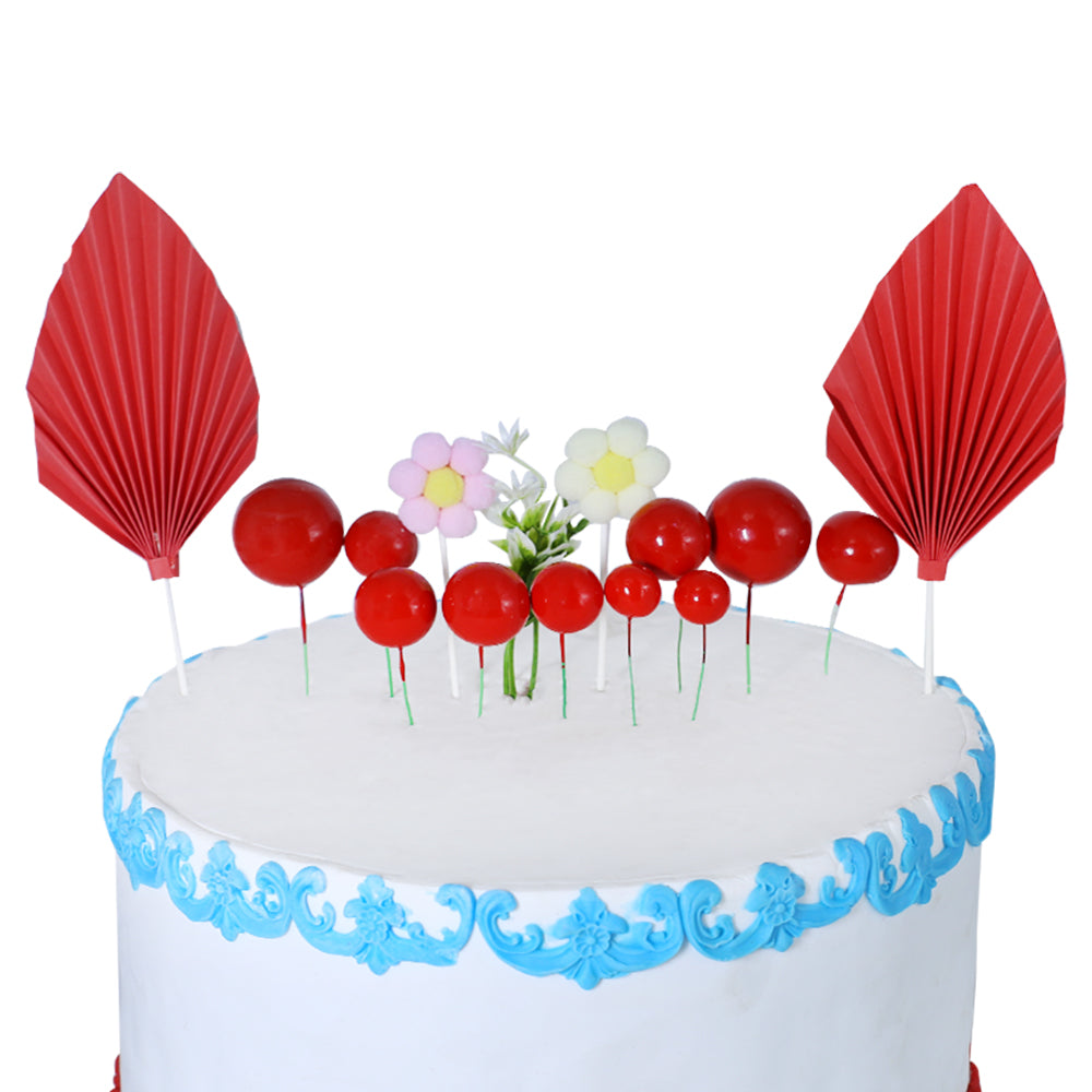 Red Faux Ball Topper With Palm Leave, And Flower 14Pcs Set