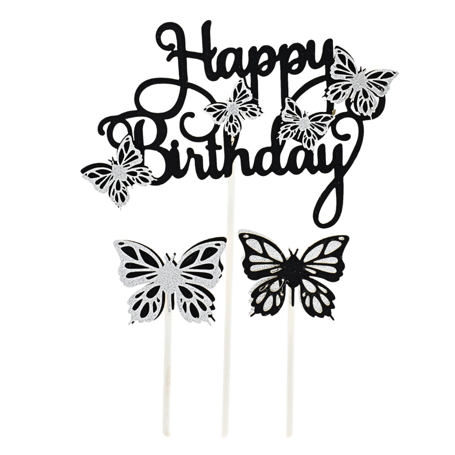 Happy Birthday And Butterfly Cake Topper 3Pcs Set Black
