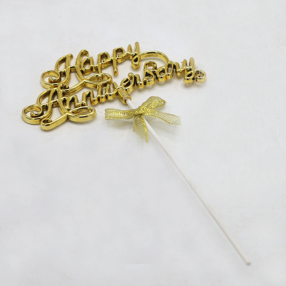 Happy Anniversary Cursive Writting Golden Cake Topper