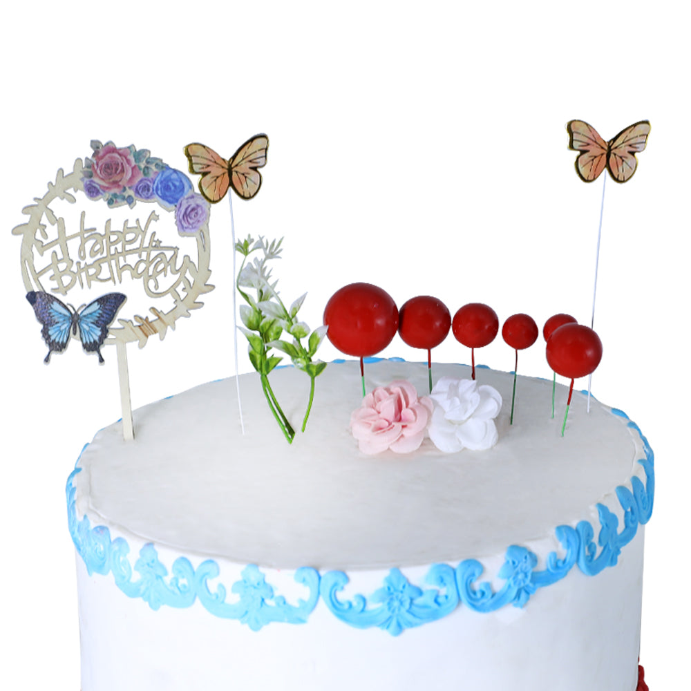 Happy Birthday Cake Topper With Faux Ball, Butterfly, And Flower 12Pcs Set (Red)
