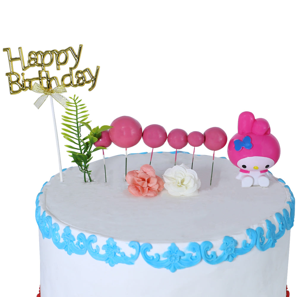 Happy Birthday Cake Topper Golden With Faux Ball, Leave, Flower, And Pink Doll 11pcs Set