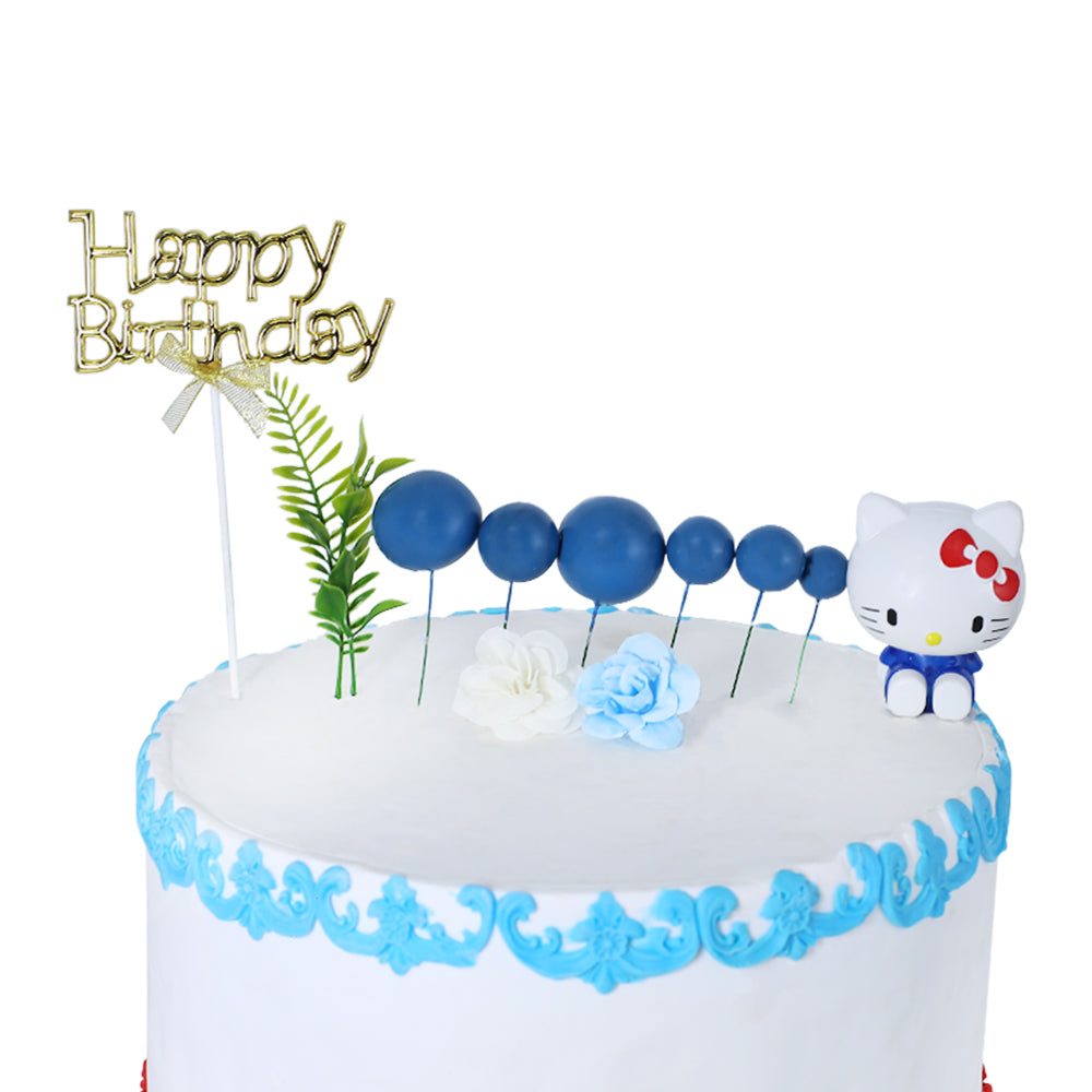 Happy Birthday Cake Topper Golden With Faux Ball, Leave, Flower, And Blue Kitty 12pcs Set
