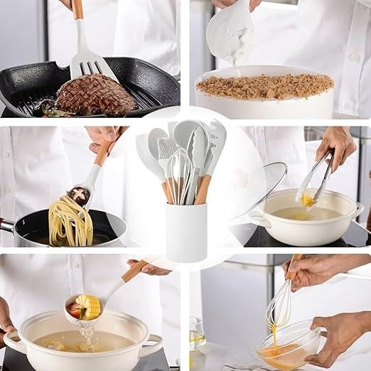 12-Piece Silicone Cooking Utensil Set With Wooden Handle And Holder.