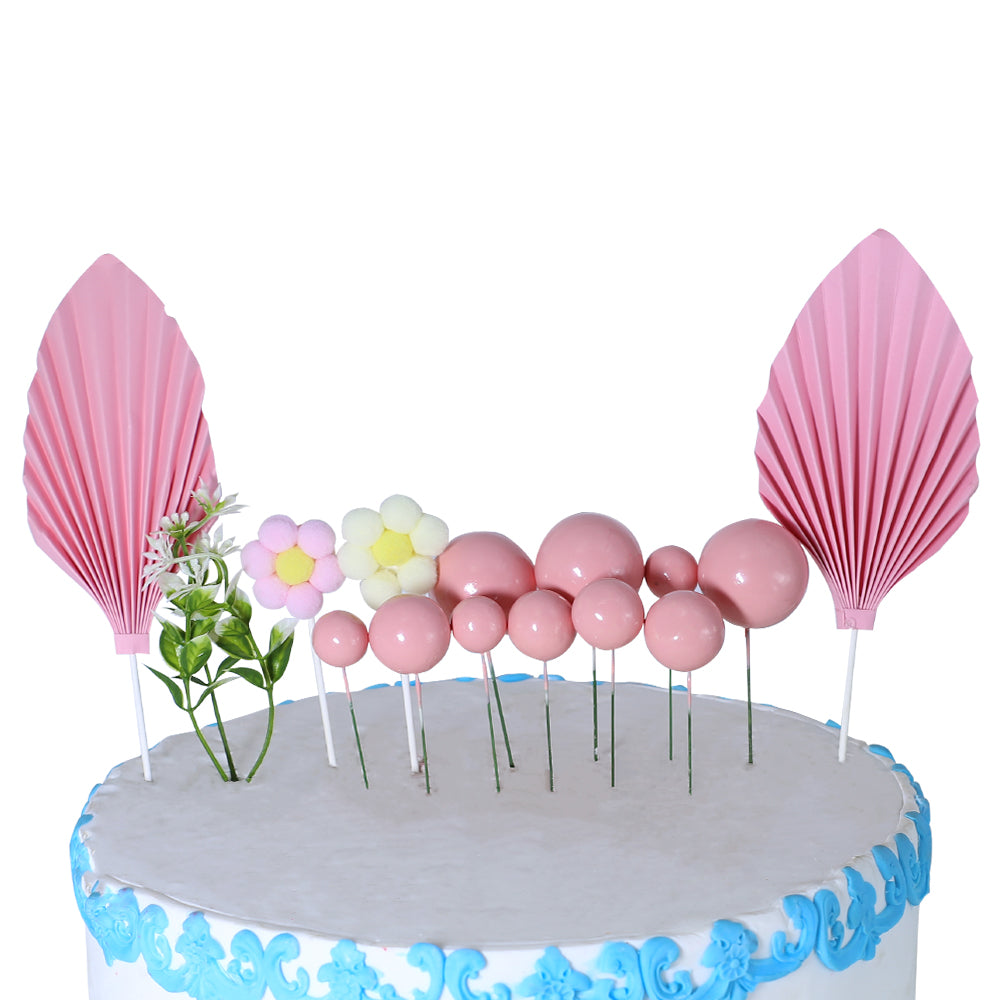 Pink Faux Ball Topper With Palm Leave, And Flower 14Pcs Set