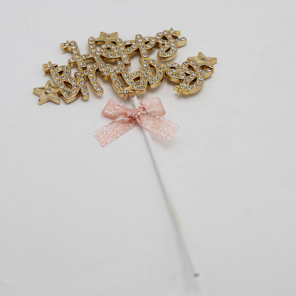Happy Birthday Cake Topper Golden With Pink Ribbon And Silver Nugs Star Design
