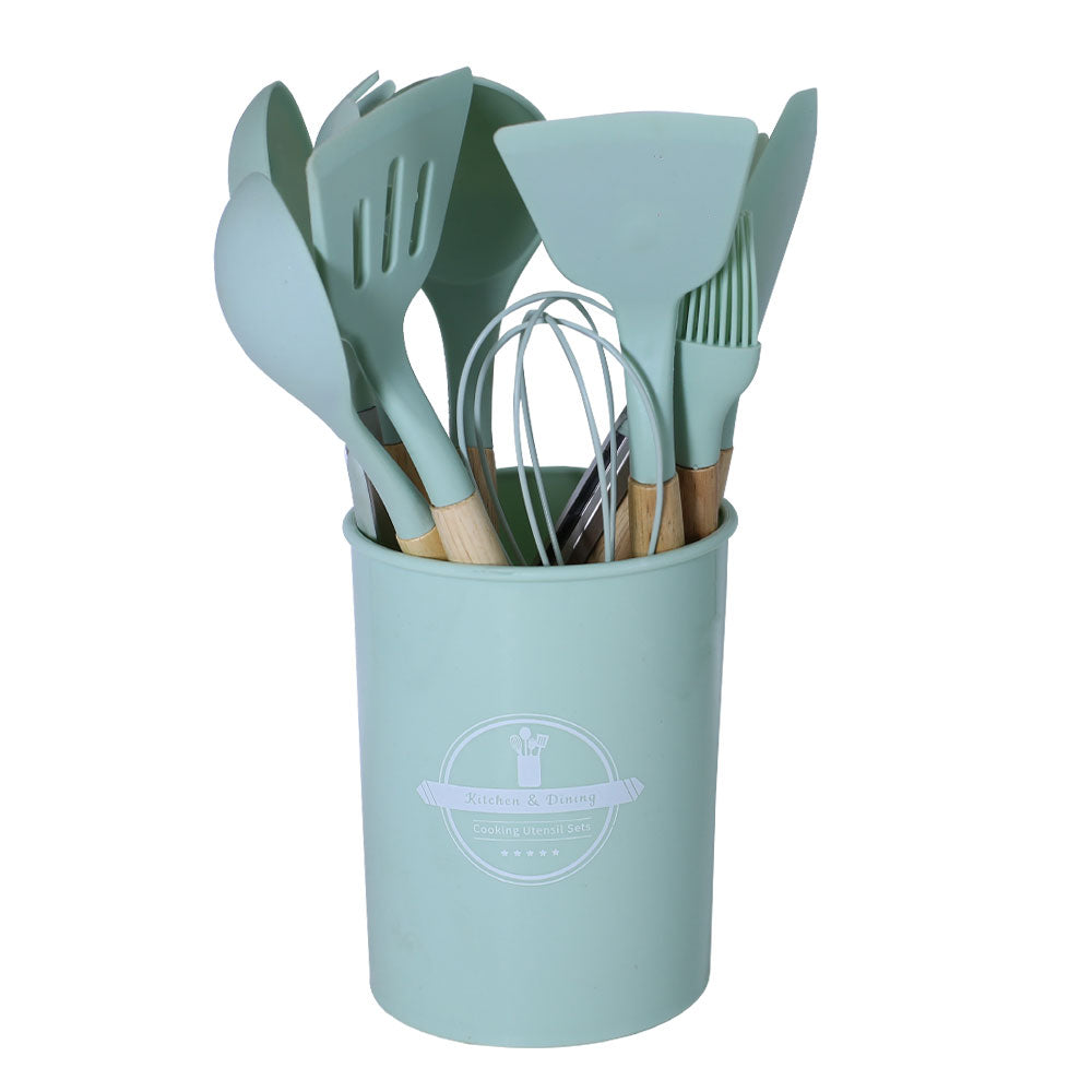 12-Piece Silicone Cooking Utensil Set With Wooden Handle And Holder (Light Green).