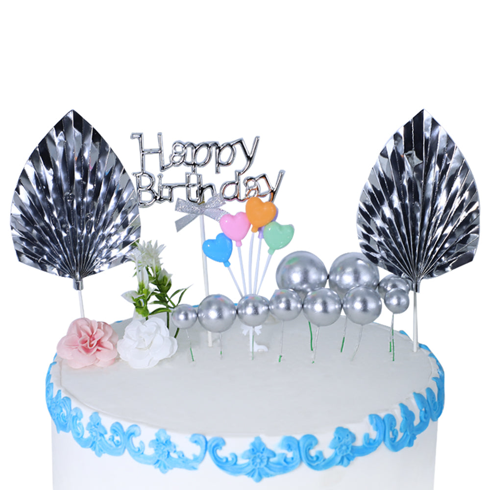 Happy Birthday Cake Topper Silver With Palm Leave, Heart, Faux Ball And Flower 17Pcs Set