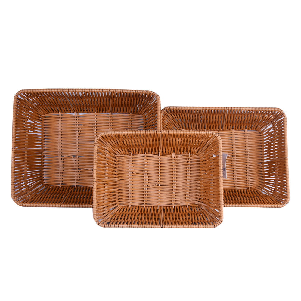 Plastic Woven Rectangle Shape Basket Brown 3Pcs Set