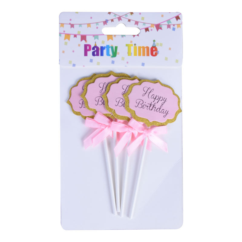 Pink Happy Birthday Cupcake Topper 4 Pcs Pack