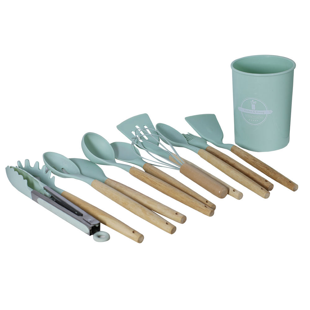 12-Piece Silicone Cooking Utensil Set With Wooden Handle And Holder (Light Green).