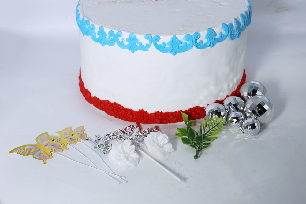 Happy Birthday Silver Cake Topper With Vintage Ball, Flower, Leave And Butterfly 12Pcs Set