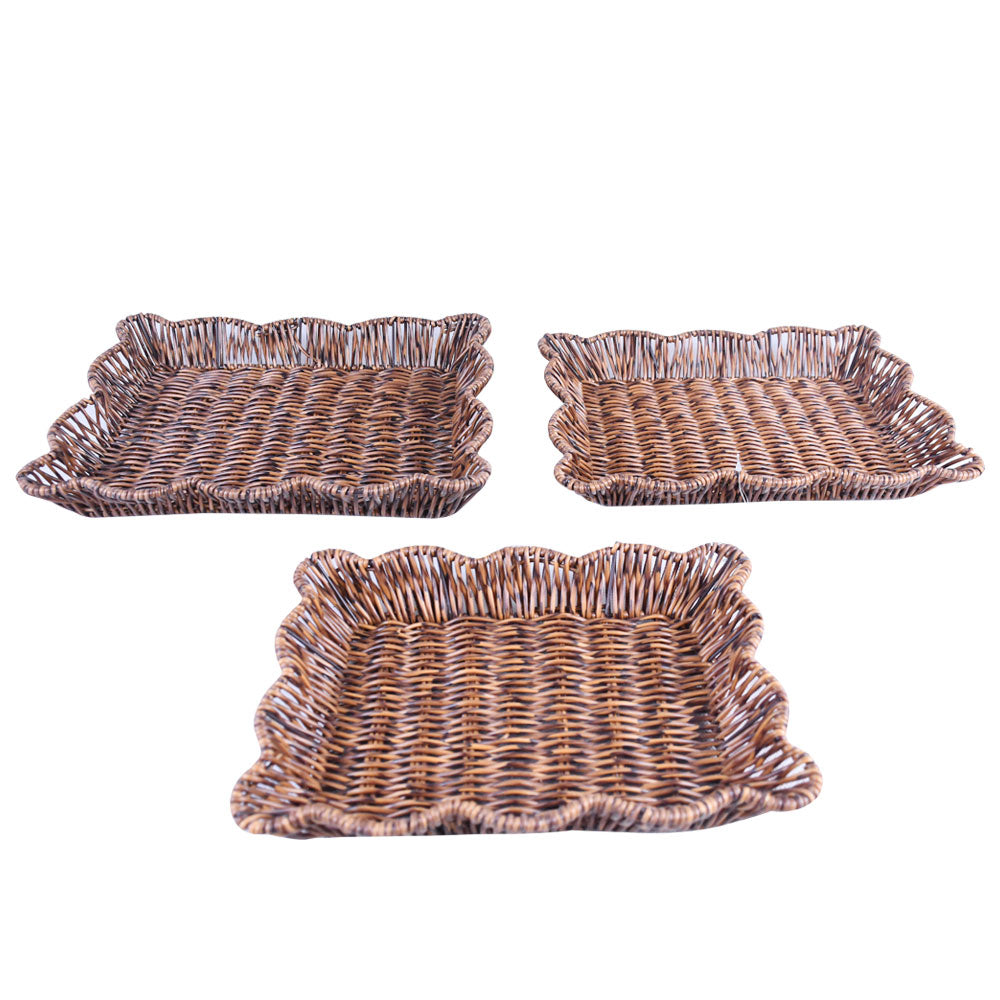 Plastic Woven Rectangle Cloud Shape Flat Tray Dark Brown 3Pcs Set