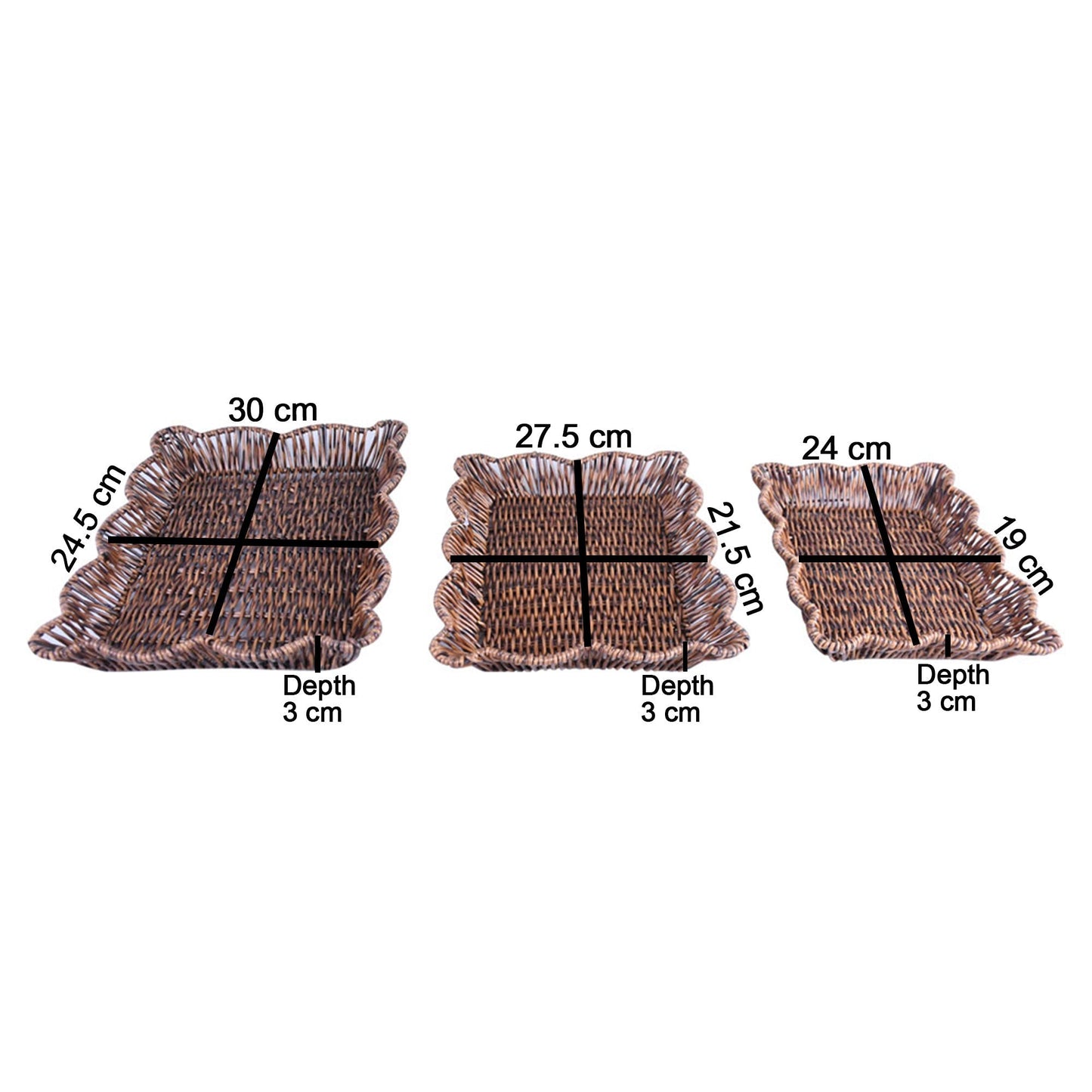 Plastic Woven Rectangle Cloud Shape Flat Tray Dark Brown 3Pcs Set