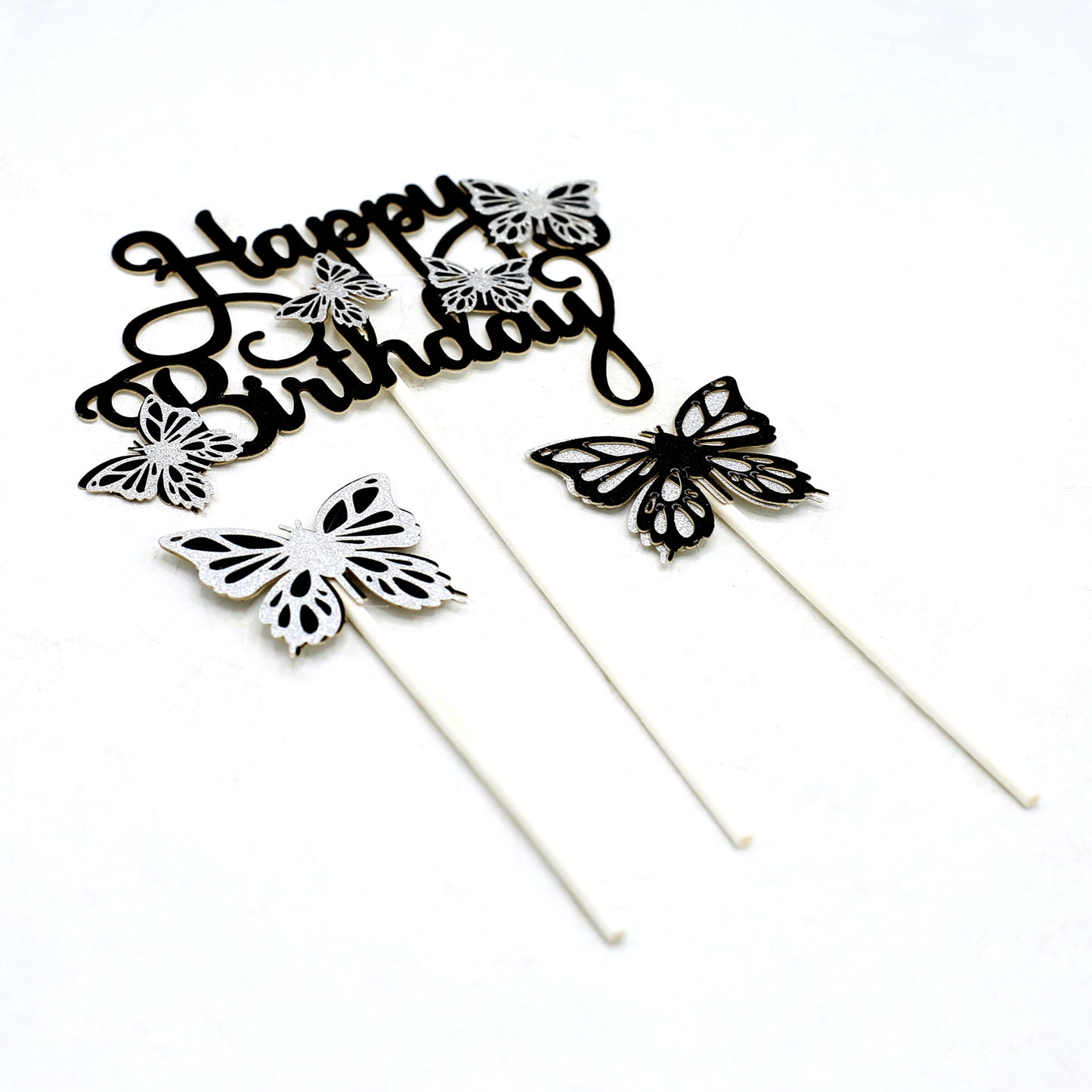 Happy Birthday And Butterfly Cake Topper 3Pcs Set Black