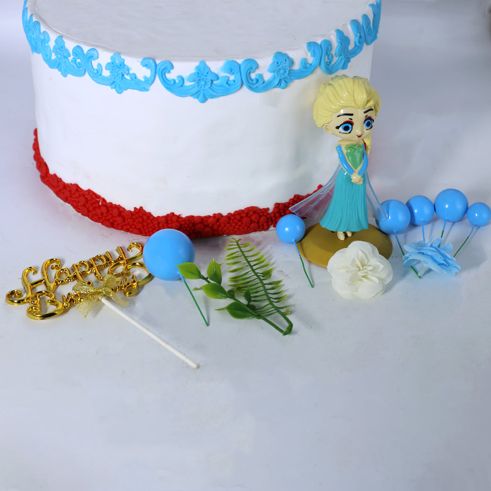 Happy Birthday Cake Topper Golden With Faux Ball, Leave, Flower, And Blue Doll 12Pcs Set