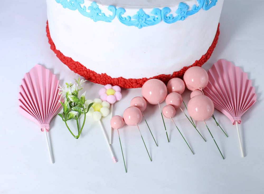 Pink Faux Ball Topper With Palm Leave, And Flower 14Pcs Set
