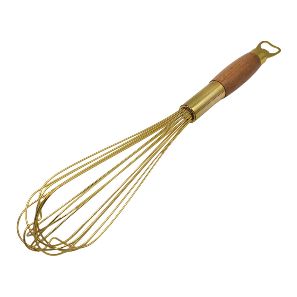 Stainless Steel Golden Colored Hand Whisk With Wooden Handle 14 Inch