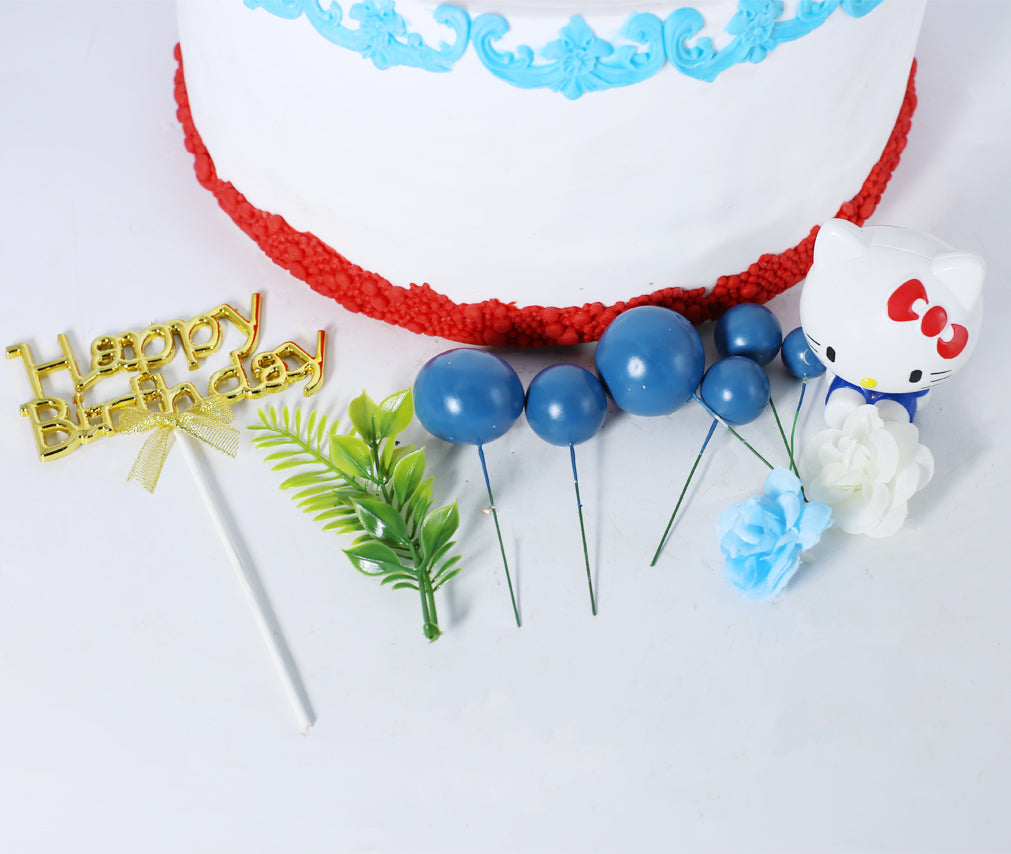 Happy Birthday Cake Topper Golden With Faux Ball, Leave, Flower, And Blue Kitty 12pcs Set