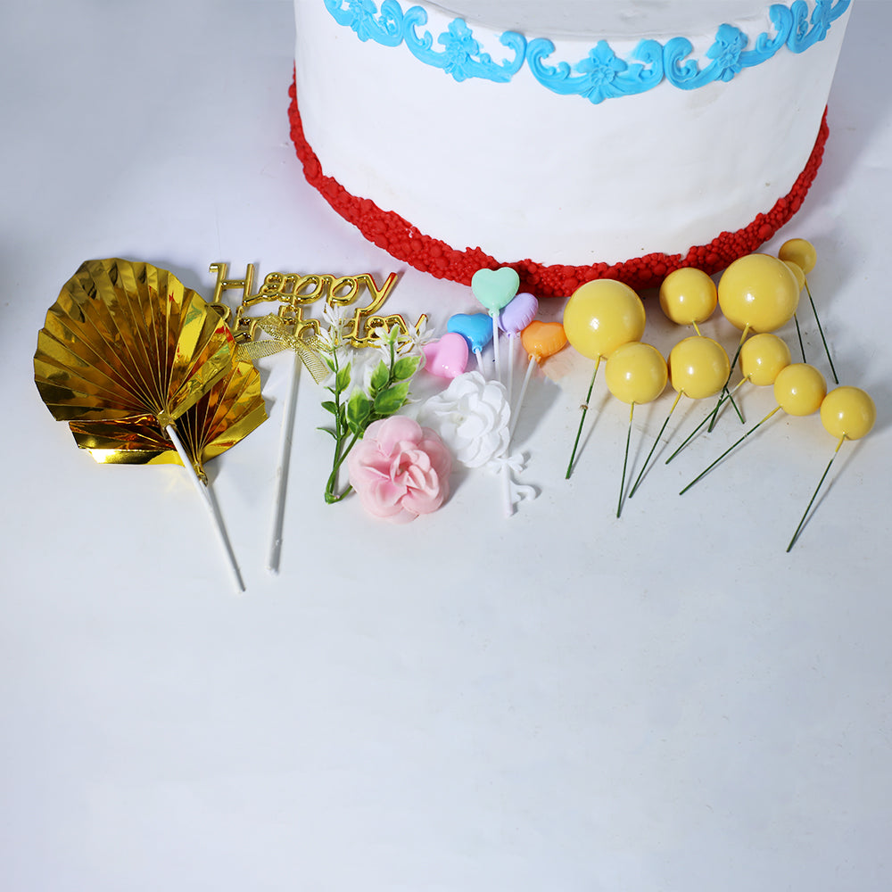 Happy Birthday Cake Topper Golden With Palm Leave Heart, Faux Ball And Flower 17Pcs Set