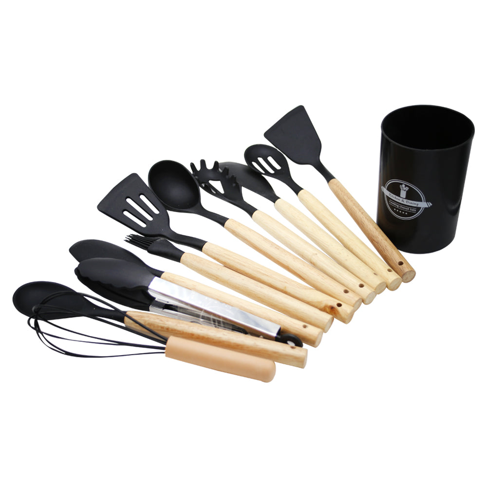 12-Piece Silicone Cooking Utensil Set With Wooden Handle And Holder (Black).