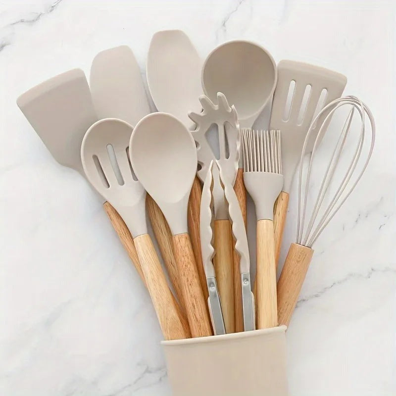 12-Piece Silicone Cooking Utensil Set With Wooden Handle And Holder (Light Grey).