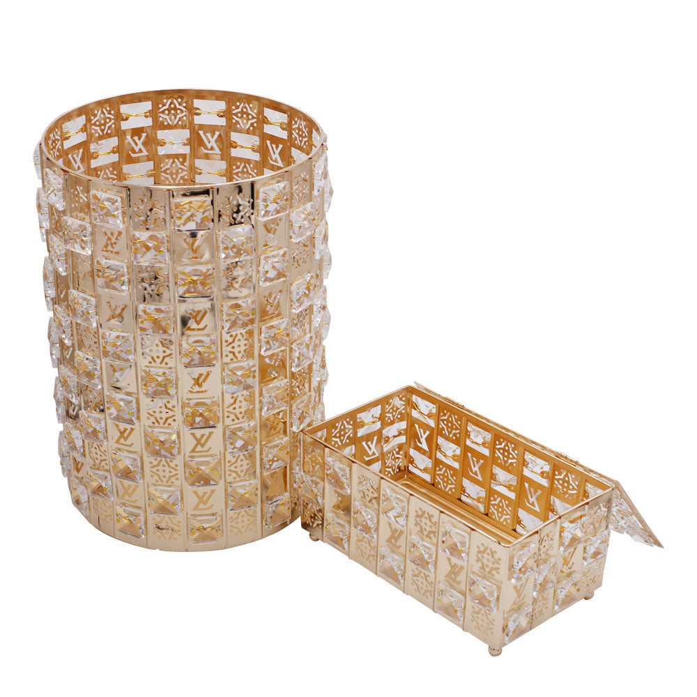 LV Square Stones Design Decor Fancy Dustbin And Tissue Box Holder Set