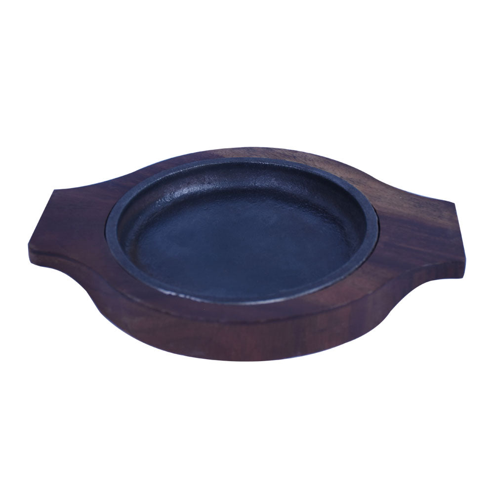 Round Cast Iron Sizzler Plate 14.5cm With Wooden Base