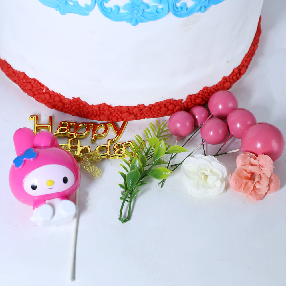 Happy Birthday Cake Topper Golden With Faux Ball, Leave, Flower, And Pink Doll 11pcs Set