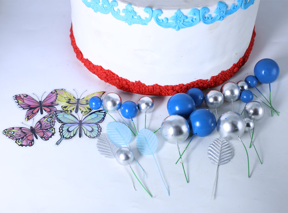 Blue And Silver Faux Ball Topper With Butterfly And Leaves 21Pcs Set