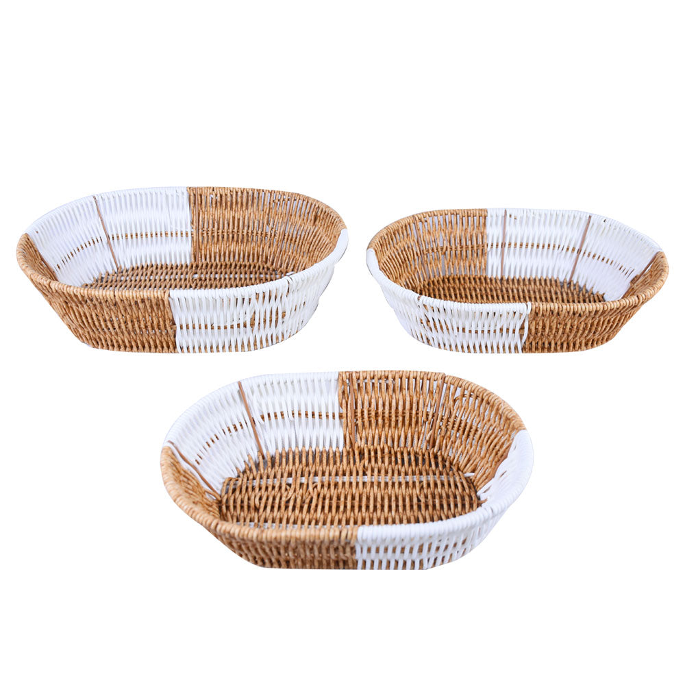 Plastic Woven Oval Shape Basket Brown & White 3Pcs Set