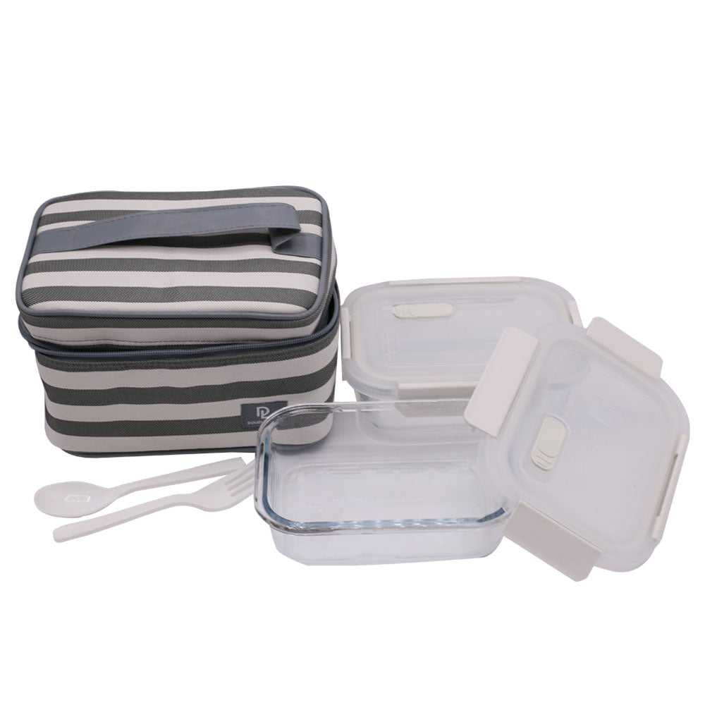 DL 2Pcs Glass Lunch Box With Grey lining Rectangle Bag