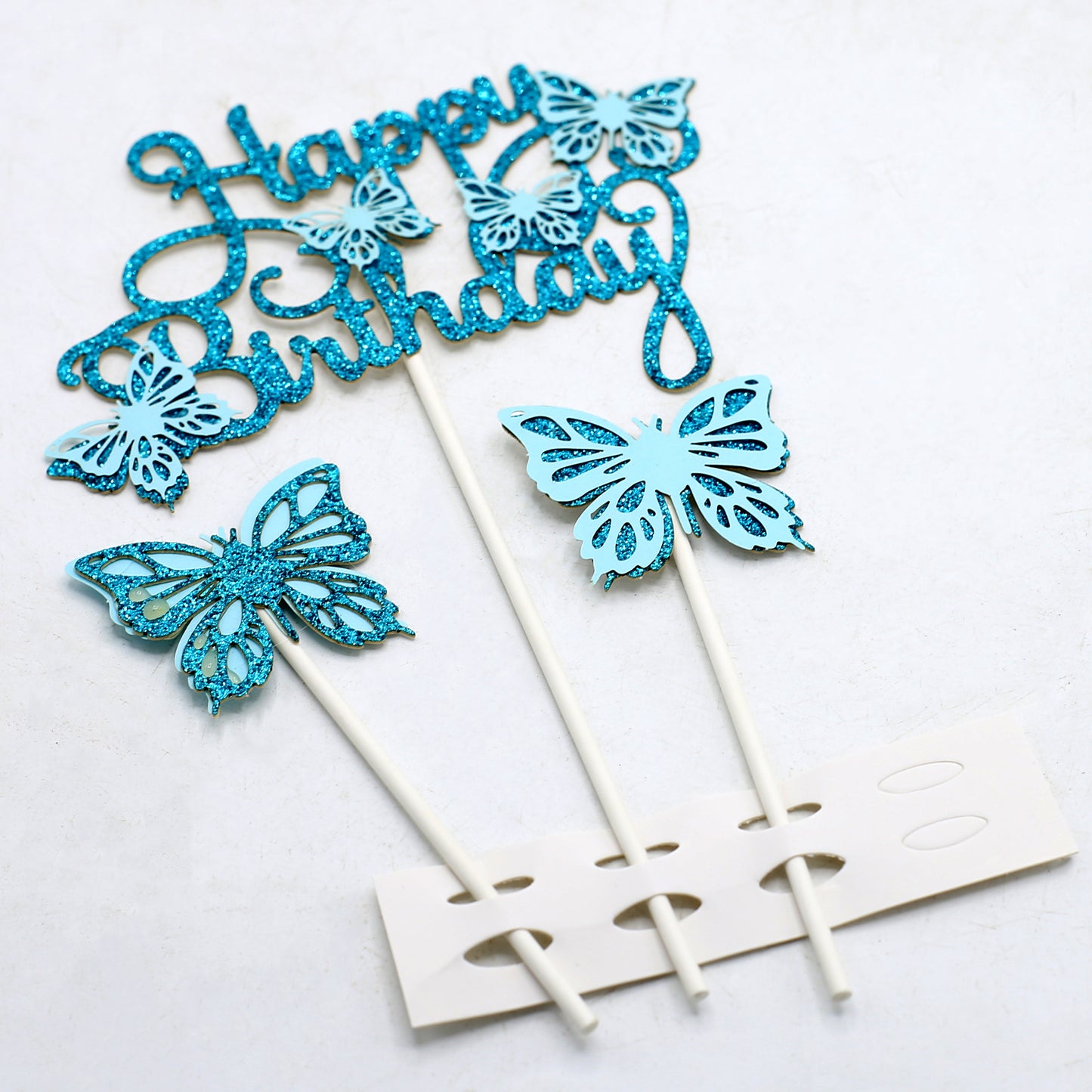 Happy Birthday And Butterfly Cake Topper 3Pcs Set Blue